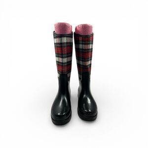 Bass Downpour Red Plaid Flannel Tall Rain Boots Women’s 9M Waterproof Rubber